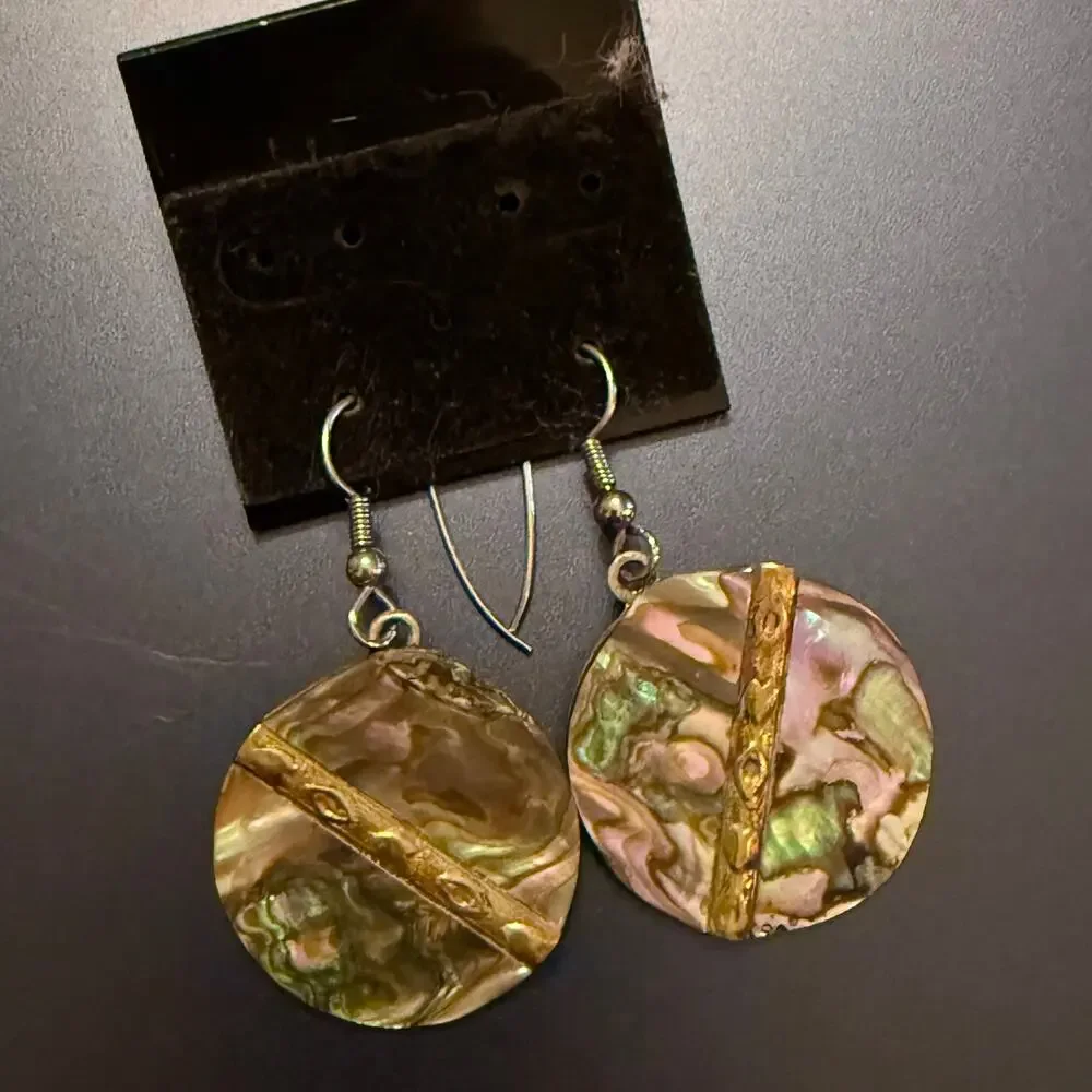 Vintage Mixed Metal Abalone Shell Flat Disc Earrings